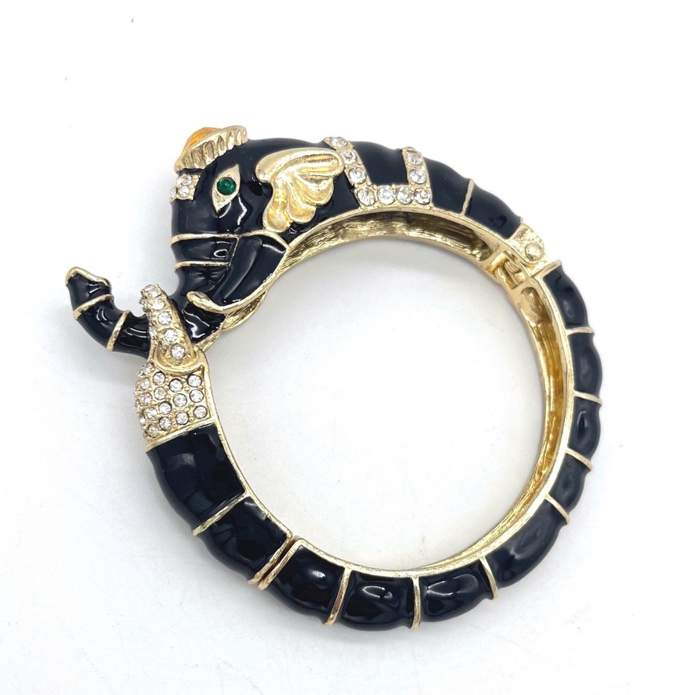 Vintage Black Enamel Elephant Hinge Bangle Bracelet Gold Tone Rhinestone 7in